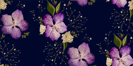 Floral design seamless pattern. Purple orchids with wild flowers, leaves and plant hand drawn vector illustration for textile, wrapping, fabric prints, scrapbook.のイラスト素材