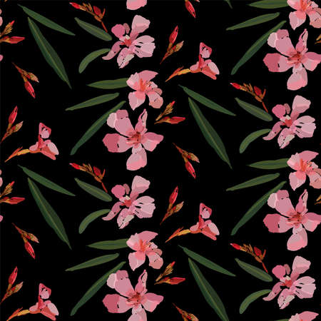 Pink oleander seamless pattern. Botanical illustration hand drawn vector floral design for fashion prints, scrapbook, wrapping paper.のイラスト素材