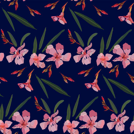Pink oleander seamless pattern. Botanical illustration hand drawn vector floral design for fashion prints, scrapbook, wrapping paper.のイラスト素材