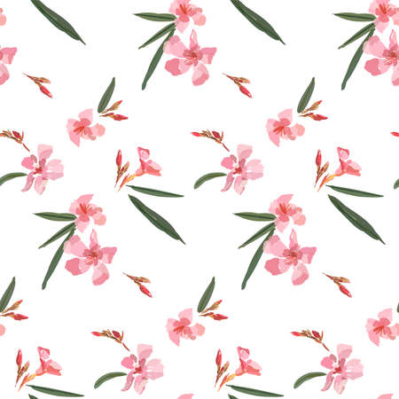 Pink oleander seamless pattern. Botanical illustration hand drawn vector floral design for fashion prints, scrapbook, wrapping paper.のイラスト素材
