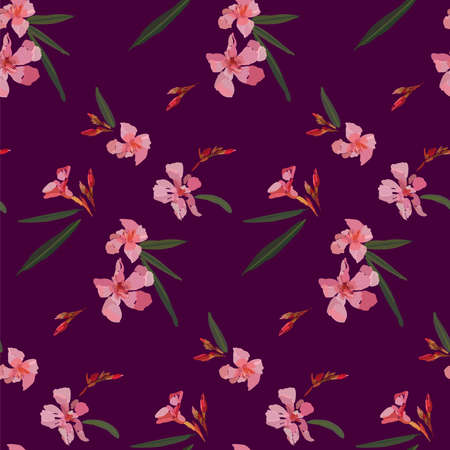 Pink oleander seamless pattern. Botanical illustration hand drawn vector floral design for fashion prints, scrapbook, wrapping paper.のイラスト素材