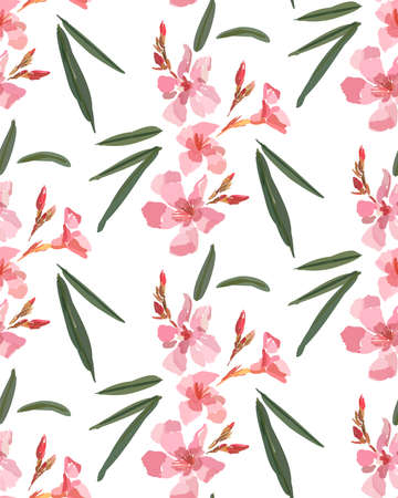 Pink oleander seamless pattern. Botanical illustration hand drawn vector floral design for fashion prints, scrapbook, wrapping paper.のイラスト素材