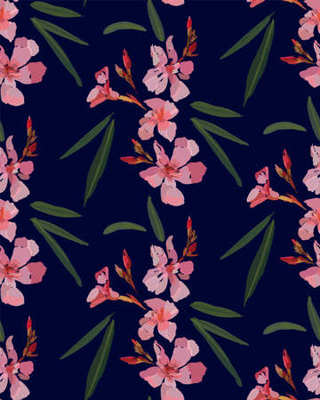 Pink oleander seamless pattern. Botanical illustration hand drawn vctor floral design for fashion prints, scrapbook, wrapping paper.のイラスト素材