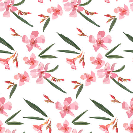 Pink oleander seamless pattern. Botanical illustration hand drawn vector floral design for fashion prints, scrapbook, wrapping paper.のイラスト素材