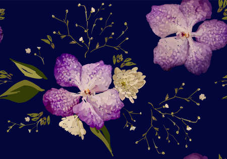Floral design seamless pattern. Purple orchids with wild flowers, leaves and plant hand drawn vector illustration for textile, wrapping, fabric prints, scrapbook.のイラスト素材