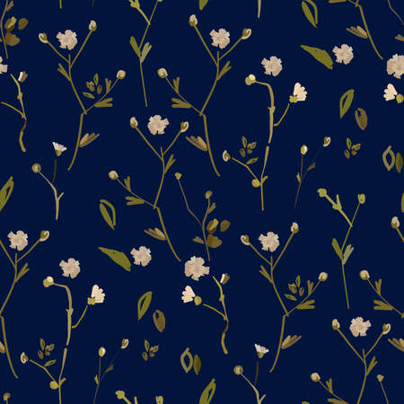 Floral design seamless pattern on white background. Summer wild flowers, leaves and plant hand drawn vector illustration for textile, wrapping, fabric prints, scrapbook.のイラスト素材