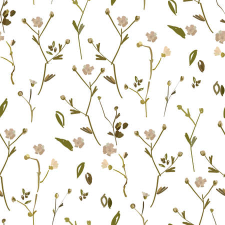 Floral design seamless pattern on white background. Summer wild flowers, leaves and plant hand drawn on white background vector illustration for textile, wrapping, fabric prints, scrapbook.のイラスト素材
