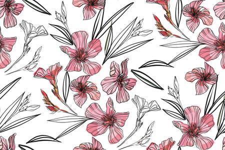 Pink oleander seamless pattern. Botanical illustration hand drawn vector floral design for fashion prints, scrapbook, wrapping paper.のイラスト素材