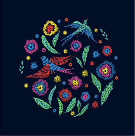 Beautiful flowers and birds pattern in retro style hand drawn. Spring summer season.Vector illustration for textile print. Embroidery design. Line art.のイラスト素材