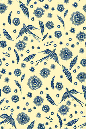 Beautiful flowers and birds seamless pattern in retro style hand drawn. Spring summer season.Vector illustration on white. Embroidery design. Line art.のイラスト素材