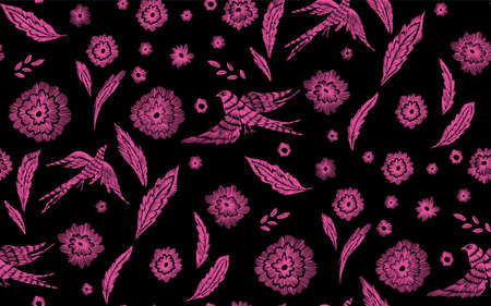 Beautiful flowers and birds seamless pattern in retro style hand drawn. Spring summer season.Vector illustration. Embroidery design. Line art.のイラスト素材