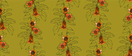 Pomegranate branch seamless pattern. Floral disign vector illustration in hand drawn style. Textile prints, wrapping paper, scrapbook.のイラスト素材