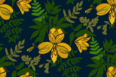 Floral seamless pattern with different flowers and tropical leaves. Botanical illustration hand painted. Textile print, fabric swatch, wrapping paper.のイラスト素材