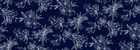 Floral seamless pattern with different flowers and tropical leaves. Botanical illustration hand painted. Textile print, fabric swatch, wrapping paper.のイラスト素材