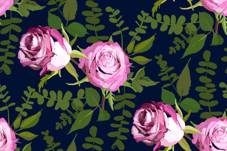 Floral seamless background pattern. Watercolor pink garden roses in hand drawn style. Elegant flowers and leaves, vector illustration for textile print, wrapping paper, wedding card.のイラスト素材