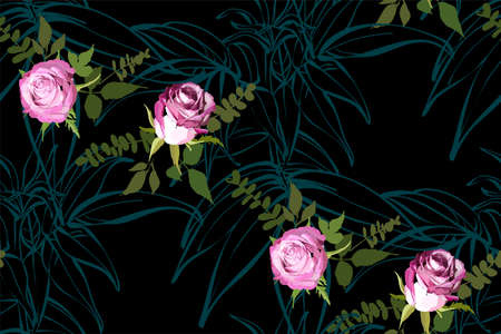 Floral seamless background pattern. Watercolor pink garden roses in hand drawn style. Elegant flowers and leaves, vector illustration for textile print, wrapping paper, wedding card.のイラスト素材