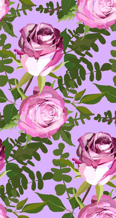 Floral seamless background pattern. Watercolor pink garden roses in hand drawn style. Elegant flowers and leaves, vector illustration for textile print, wrapping paper, wedding card.のイラスト素材