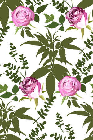 Floral seamless background pattern. Watercolor pink garden roses in hand drawn style. Elegant flowers and leaves, vector illustration for textile print, wrapping paper, wedding card.のイラスト素材