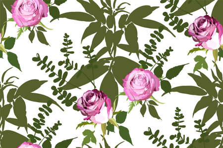 Floral seamless background pattern. Watercolor pink garden roses in hand drawn style. Elegant flowers and leaves, vector illustration for textile print, wrapping paper, wedding card.のイラスト素材