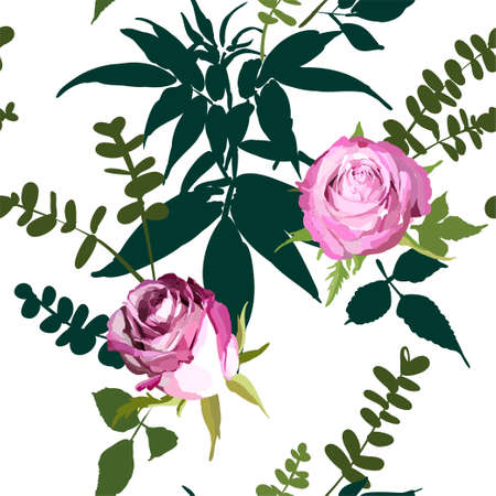 Floral seamless background pattern. Watercolor pink garden roses in hand drawn style. Elegant flowers and leaves, vector illustration for textile print, wrapping paper, wedding card.のイラスト素材
