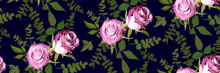 Floral seamless background pattern. Watercolor pink garden roses in hand drawn style. Elegant flowers and leaves, vector illustration for textile print, wrapping paper, wedding card.のイラスト素材