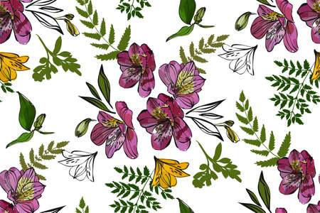 Floral seamless pattern with tropical flowers and leaves. Botanical illustration  hand drawn. Textile print, fabric swatch, wrapping paper.のイラスト素材