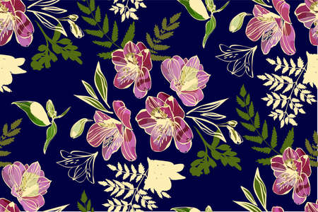 Floral seamless pattern with tropical flowers and leaves. Botanical illustration  hand drawn. Textile print, fabric swatch, wrapping paper.のイラスト素材