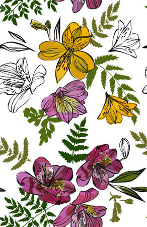 Floral seamless pattern with tropical flowers and leaves. Botanical illustration  hand drawn. Textile print, fabric swatch, wrapping paper.のイラスト素材