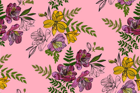 Floral seamless pattern with tropical flowers and leaves. Botanical illustration  hand drawn. Textile print, fabric swatch, wrapping paper.のイラスト素材