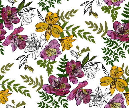 Floral seamless pattern with tropical flowers and leaves. Botanical illustration  hand drawn. Textile print, fabric swatch, wrapping paper.のイラスト素材