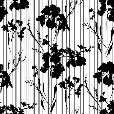 Floral seamless pattern with different flowers and leaves silhouettes. Botanical illustration  hand painted. Textile print, fabric swatch, wrapping paper.のイラスト素材