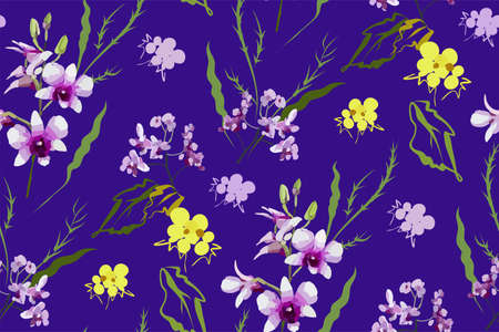 Floral seamless pattern with different flowers and leaves. Botanical illustration  hand painted. Textile print, fabric swatch, wrapping paper.のイラスト素材