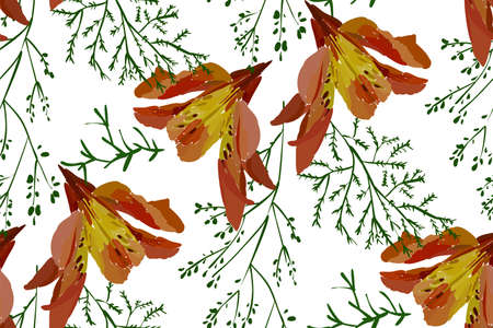 Floral seamless pattern with lily flowers and leaves. Botanical illustration  hand painted. Textile...