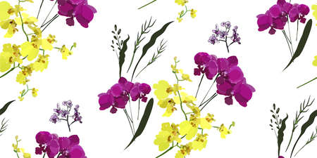 Floral seamless pattern with different flowers and leaves. Botanical illustration  hand painted. Textile print, fabric swatch, wrapping paper.のイラスト素材