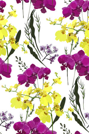 Floral seamless pattern with different flowers and leaves. Botanical illustration  hand painted. Textile print, fabric swatch, wrapping paper.のイラスト素材