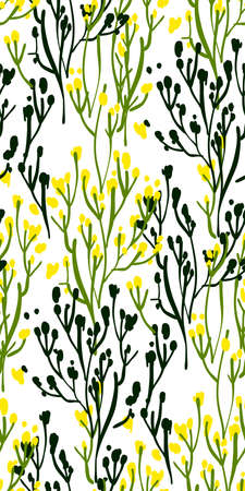 Floral seamless background pattern with wild flowers and leaves. Botanical illustration  hand drawn.Textile print, fabric swatch, wrapping paper.のイラスト素材