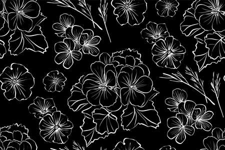 Floral seamless background pattern with different flowers and leaves. Black and white botanical illustration  hand drawn. Textile print, fabric swatch, wrapping paper.のイラスト素材