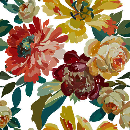 Vintage floral seamless background pattern. Blooming garden flowers. Vector illustration in hand drawn style.のイラスト素材