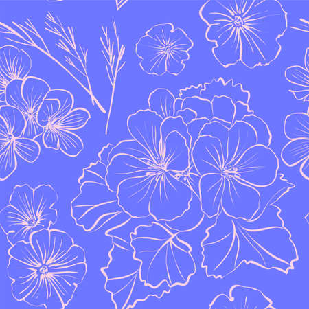 Floral seamless background pattern with different flowers and leaves. Botanical illustration  hand drawn. Textile print, fabric swatch, wrapping paper.のイラスト素材