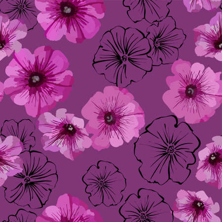 Floral seamless background pattern with different flowers and leaves. Botanical illustration  hand drawn. Textile print, fabric swatch, wrapping paper.のイラスト素材