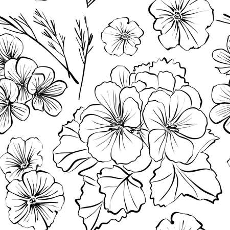 Floral seamless background pattern with different flowers and leaves. Botanical illustration  hand drawn. Textile print, fabric swatch, wrapping paper.のイラスト素材