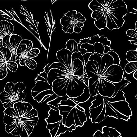 Floral seamless background pattern with different flowers and leaves. Black and white botanical illustration  hand drawn. Textile print, fabric swatch, wrapping paper.のイラスト素材