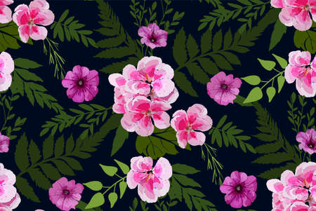 Floral seamless background pattern with different flowers and leaves. Botanical illustration  hand drawn. Textile print, fabric swatch, wrapping paper.のイラスト素材