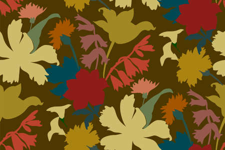 Silhouettes of different flowers and leaves hand drawn.Vector floral seamless background pattern for wallpaper, textile prints, fabric.のイラスト素材