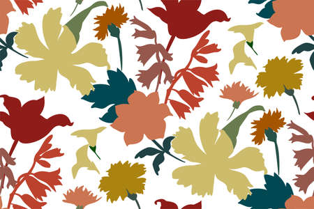 Silhouettes of different flowers and leaves hand drawn.Vector floral seamless background pattern for wallpaper, textile prints, fabric.のイラスト素材