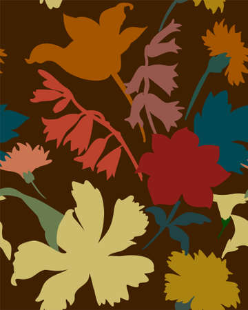 Silhouettes of different flowers and leaves hand drawn.Vector floral seamless background pattern for wallpaper, textile prints, fabric.のイラスト素材