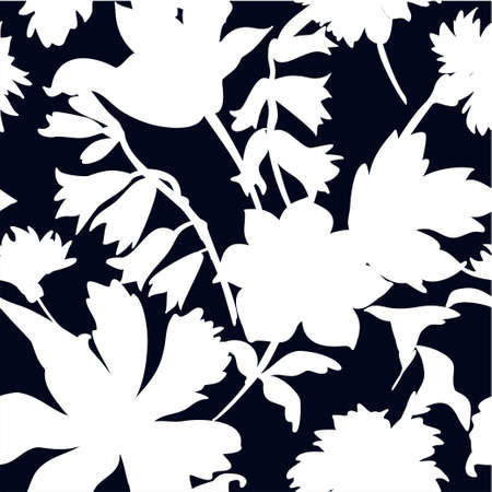 Silhouettes of different flowers and leaves hand drawn.Vector floral seamless background pattern for wallpaper, textile prints, fabric.のイラスト素材