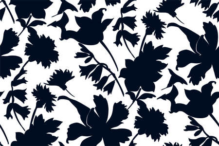 Silhouettes of different flowers and leaves hand drawn.Vector floral seamless background pattern for wallpaper, textile prints, fabric.のイラスト素材