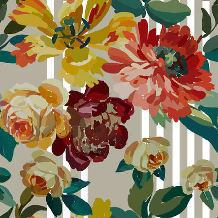 Vintage floral seamless background pattern. Blooming garden flowers. Vector illustration in hand drawn style.のイラスト素材