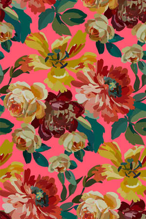 Vintage floral seamless background pattern. Blooming garden flowers. Vector illustration in hand drawn style.のイラスト素材